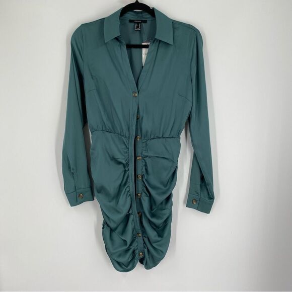 Forever 21 Women’s Long Sleeve Button Front Ruched Mini Satin Dress size M - Picture 1 of 3
